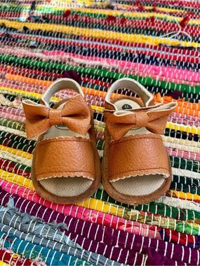 Myggpp Brown Bow PU Leather First Walker Sandals 6-12 Months